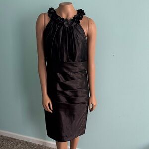 JJs House Black Midi Dress with Floral Neckline (fits like size 8)